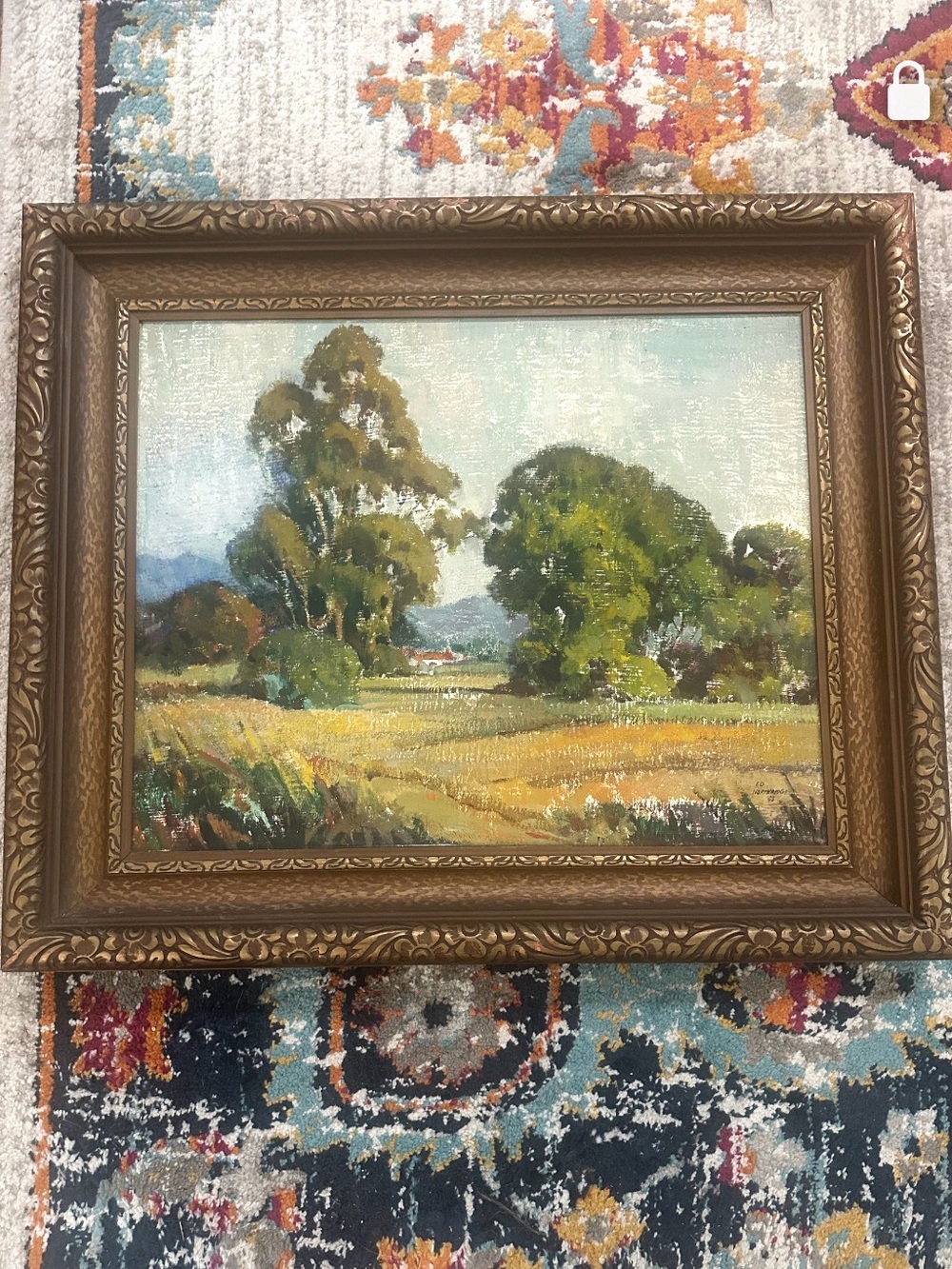 Ornate Framed Countryside landscape Oil Painting - Green & Gold Palette